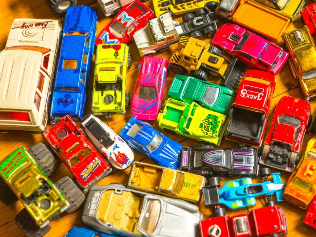 Toy cars arranged in a circle