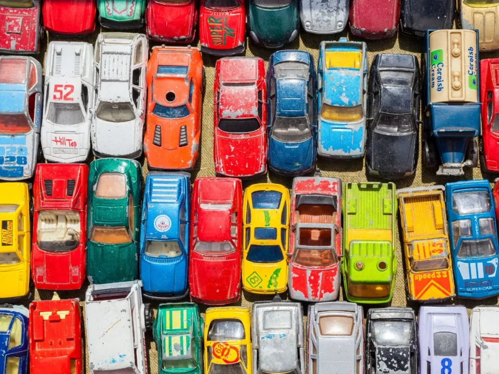 Many toy cars in a row